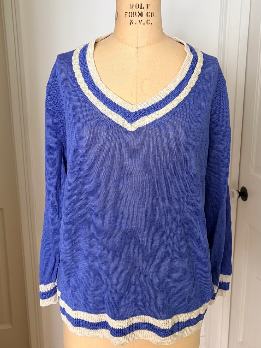 Talbots V Neck Pullover Tennis Sweater Blue and Ivory Plus Size 2X